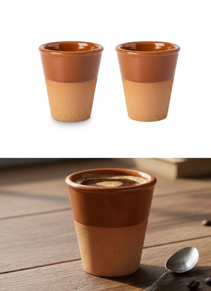 Premium 2 Pcs Brown Ceramic Tea Cups Set – Classic Traditional Clay Glasses - Image 1